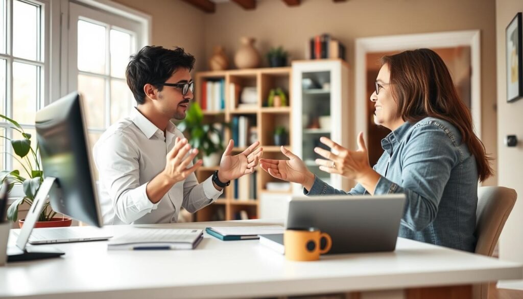 A cozy, well-lit home office scene with two people engaged in a lively conversation. In the foreground, two native English speakers sit across a desk, gesturing animatedly as they discuss a topic. The background features a bookshelf, a potted plant, and a warm, inviting atmosphere, conveying a sense of relaxed, productive learning. Soft, natural lighting from a large window illuminates the scene, creating a sense of openness and comfort. The composition is balanced, with the speakers positioned centrally, drawing the viewer's attention to their engaging discussion. A cozy, well-lit home office scene with two people engaged in a lively conversation. In the foreground, two native English speakers sit across a desk, gesturing animatedly as they discuss a topic. The background features a bookshelf, a potted plant, and a warm, inviting atmosphere, conveying a sense of relaxed, productive learning. Soft, natural lighting from a large window illuminates the scene, creating a sense of openness and comfort. The composition is balanced, with the speakers positioned centrally, drawing the viewer's attention to their engaging discussion.