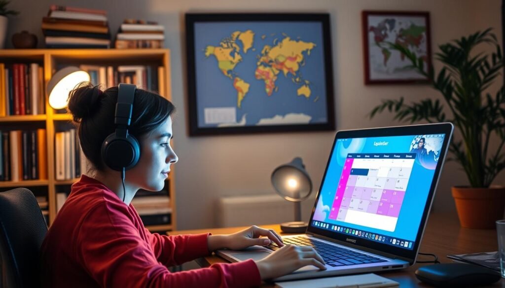 A cozy, well-lit home office setting with a laptop, headphones, and a vibrant digital calendar displayed on the screen. In the foreground, a person sitting at a desk, intently focused on the laptop, their face lit by the soft glow of the screen. The background features a bookshelf filled with language-learning resources, a framed world map, and a potted plant adding a touch of nature. The overall atmosphere conveys a sense of focus, productivity, and the immersive experience of an online language lesson. A cozy, well-lit home office setting with a laptop, headphones, and a vibrant digital calendar displayed on the screen. In the foreground, a person sitting at a desk, intently focused on the laptop, their face lit by the soft glow of the screen. The background features a bookshelf filled with language-learning resources, a framed world map, and a potted plant adding a touch of nature. The overall atmosphere conveys a sense of focus, productivity, and the immersive experience of an online language lesson.