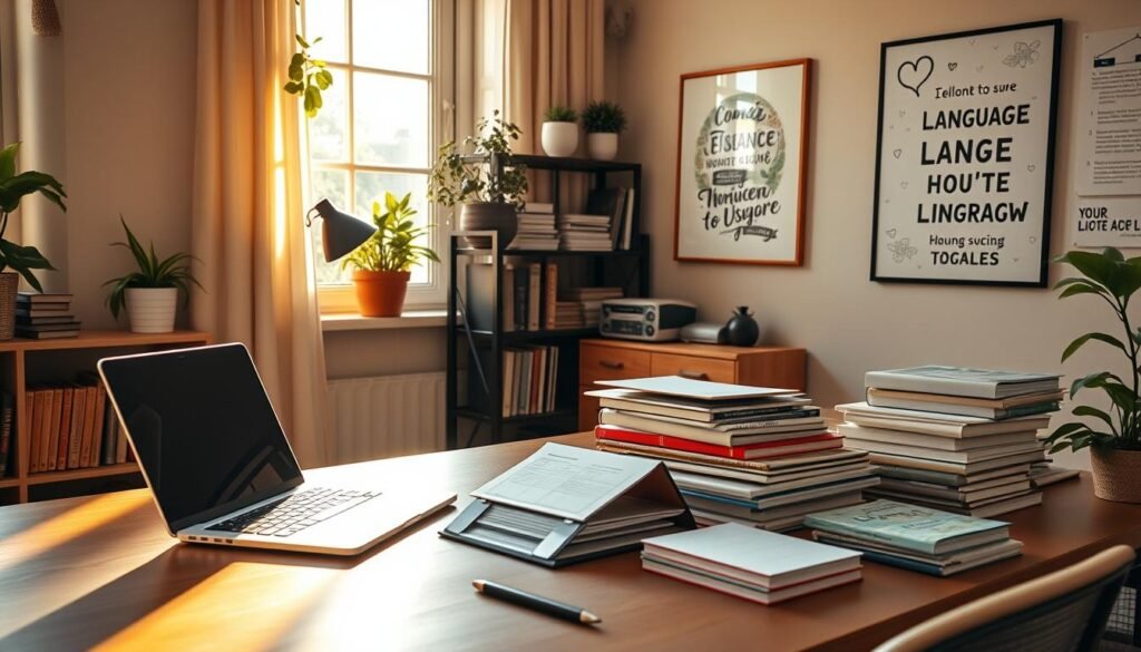 A cozy, well-lit home office with a laptop, calendar, and stacks of language learning materials neatly arranged on a modern wooden desk. Warm sunlight streams through the windows, casting a soft glow over the space. In the background, a plant-filled bookshelf and a wall adorned with inspirational language-related artwork create a calming, focused atmosphere. The scene conveys a sense of flexibility and efficiency, inviting the viewer to imagine the ease of customizing their language learning schedule around their lifestyle. A cozy, well-lit home office with a laptop, calendar, and stacks of language learning materials neatly arranged on a modern wooden desk. Warm sunlight streams through the windows, casting a soft glow over the space. In the background, a plant-filled bookshelf and a wall adorned with inspirational language-related artwork create a calming, focused atmosphere. The scene conveys a sense of flexibility and efficiency, inviting the viewer to imagine the ease of customizing their language learning schedule around their lifestyle.