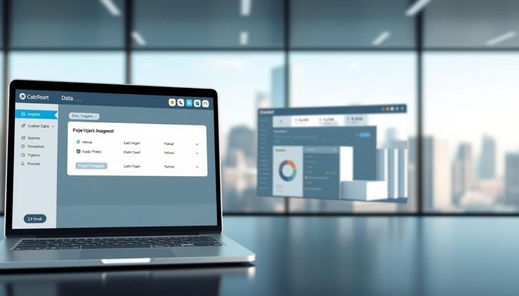 A detailed and realistic digital illustration depicting the data import functionality in a project management software application. The scene shows a modern, minimalist user interface with clean lines and a calming color palette. In the foreground, a laptop screen displays the data import workflow, with intuitive controls and clear visual cues guiding the user. The middle ground features a stylized 3D model of a project management dashboard, showcasing the seamless integration of imported data. The background is a blurred, out-of-focus cityscape, suggesting a professional, corporate setting. The overall mood is one of efficiency, productivity, and technological sophistication.