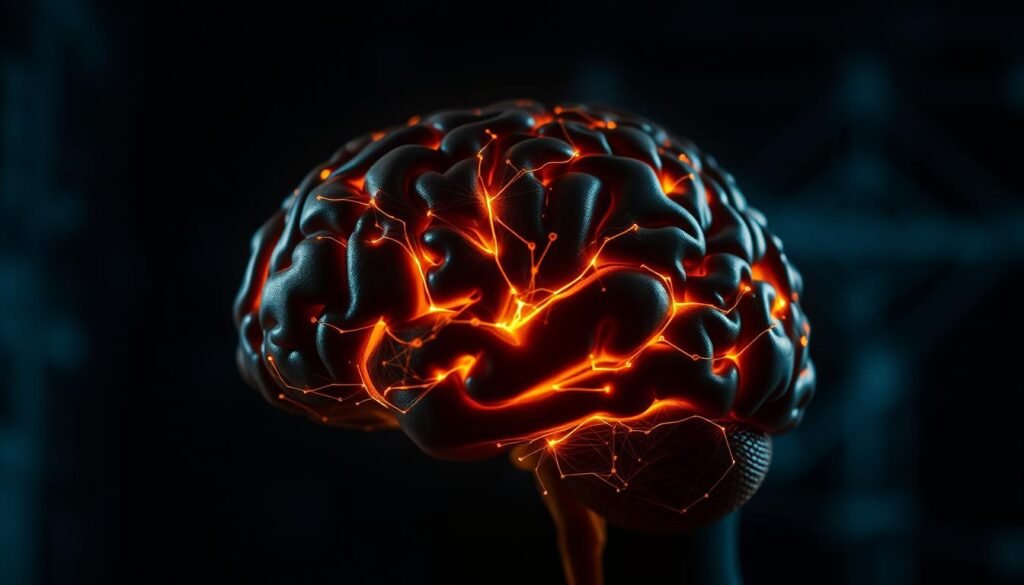 A detailed close-up view of a human brain with a glowing, enhanced neural network in the foreground. The brain is set against a dark, contemplative background with subtle hints of cognitive visualization, such as data visualizations or abstract geometric patterns. The lighting is dramatic, with a soft spotlight illuminating the brain and creating a sense of depth and focus. The overall mood is one of intellectual engagement, concentration, and the pursuit of heightened cognitive performance. A detailed close-up view of a human brain with a glowing, enhanced neural network in the foreground. The brain is set against a dark, contemplative background with subtle hints of cognitive visualization, such as data visualizations or abstract geometric patterns. The lighting is dramatic, with a soft spotlight illuminating the brain and creating a sense of depth and focus. The overall mood is one of intellectual engagement, concentration, and the pursuit of heightened cognitive performance.