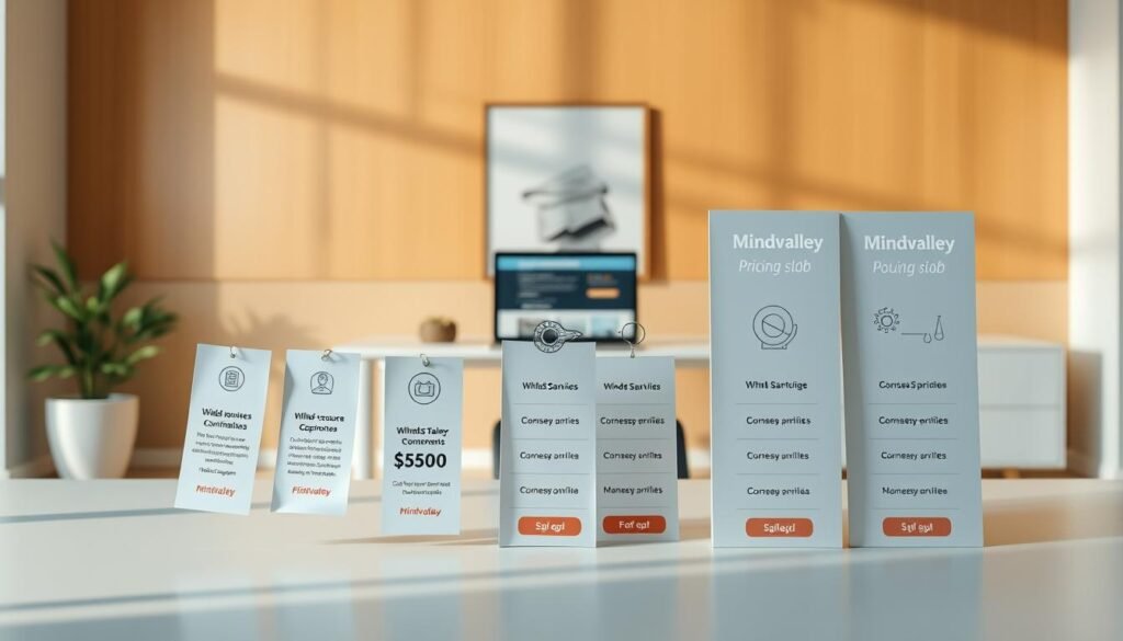 A detailed comparison of Mindvalley's pricing plans presented against a backdrop of a sleek, minimalist office setting. In the foreground, a series of floating price tags and icons representing the different course packages, meticulously arranged to convey the nuances of the subscription options. The middle ground features a clean, modern desk with a laptop displaying the Mindvalley website, while the background showcases a warm, natural-toned wall with minimalist artwork, creating a sense of professionalism and sophistication. The lighting is soft and directional, casting subtle shadows that add depth and dimension to the scene. The overall mood is one of thoughtful consideration, inviting the viewer to explore the details of Mindvalley's pricing structure. A detailed comparison of Mindvalley's pricing plans presented against a backdrop of a sleek, minimalist office setting. In the foreground, a series of floating price tags and icons representing the different course packages, meticulously arranged to convey the nuances of the subscription options. The middle ground features a clean, modern desk with a laptop displaying the Mindvalley website, while the background showcases a warm, natural-toned wall with minimalist artwork, creating a sense of professionalism and sophistication. The lighting is soft and directional, casting subtle shadows that add depth and dimension to the scene. The overall mood is one of thoughtful consideration, inviting the viewer to explore the details of Mindvalley's pricing structure.