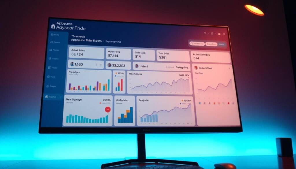 A detailed dashboard displayed on a sleek, modern monitor, showcasing key performance metrics for a successful Appsumo campaign. The dashboard features clean, minimalist design with colorful, data-rich charts and graphs tracking metrics such as total sales, active subscriptions, new signups, and subscriber growth over time. The layout is organized and intuitive, with clear labels and a professional, business-oriented aesthetic. Warm, directional lighting casts a soft glow over the scene, creating a sense of productivity and analytical focus. The overall mood is one of data-driven insight and strategic decision-making, reflecting the success and growth of the Appsumo campaign. A detailed dashboard displayed on a sleek, modern monitor, showcasing key performance metrics for a successful Appsumo campaign. The dashboard features clean, minimalist design with colorful, data-rich charts and graphs tracking metrics such as total sales, active subscriptions, new signups, and subscriber growth over time. The layout is organized and intuitive, with clear labels and a professional, business-oriented aesthetic. Warm, directional lighting casts a soft glow over the scene, creating a sense of productivity and analytical focus. The overall mood is one of data-driven insight and strategic decision-making, reflecting the success and growth of the Appsumo campaign.