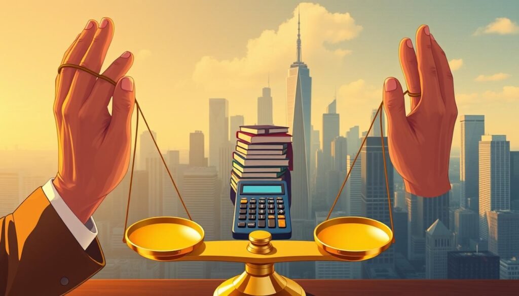 A detailed illustration showcasing the pros and cons of the GRE exam. In the foreground, two hands weigh the opposing factors on a golden scale, representing the balanced assessment. In the middle ground, a stack of books and a calculator symbolize the academic rigor and quantitative reasoning required. In the background, a skyline with towering skyscrapers evokes the high-stakes professional implications of the exam. The scene is illuminated by warm, golden lighting, conveying a sense of thoughtful contemplation. The overall mood is one of careful deliberation, as the viewer is encouraged to consider the nuanced tradeoffs of the GRE. A detailed illustration showcasing the pros and cons of the GRE exam. In the foreground, two hands weigh the opposing factors on a golden scale, representing the balanced assessment. In the middle ground, a stack of books and a calculator symbolize the academic rigor and quantitative reasoning required. In the background, a skyline with towering skyscrapers evokes the high-stakes professional implications of the exam. The scene is illuminated by warm, golden lighting, conveying a sense of thoughtful contemplation. The overall mood is one of careful deliberation, as the viewer is encouraged to consider the nuanced tradeoffs of the GRE.