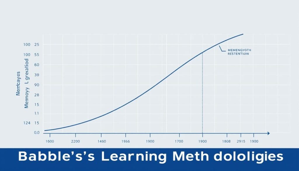A detailed memory retention curve depicting the gradual learning of a new language over time. The curve is rendered in a modern, minimalist style with clean lines and a muted color palette of blues, grays, and whites. The background features a subtle grid pattern, suggesting the structured nature of language acquisition. The foreground showcases the curve, with data points and annotations highlighting the key stages of language learning. The overall composition conveys a sense of analytical insight and educational clarity, aligning with the subject matter of "Babbel's Learning Methodologies."