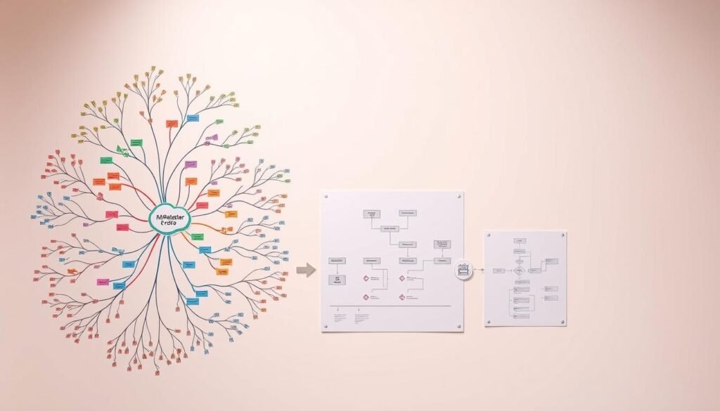 A detailed, technical illustration of mind maps and flowcharts against a clean, minimalist background. The foreground features intricately designed mind maps with colorful nodes, arrows, and connectors, showcasing a visually captivating representation of ideas and thought processes. The middle ground contains a set of flowcharts with clean, geometric shapes and lines, demonstrating the logical flow of information. The background is a soft, neutral tone, allowing the vibrant mind maps and flowcharts to take center stage. The lighting is soft and directional, creating depth and dimensionality. The overall composition is balanced, with a focus on the key features of MindManager for visualizing ideas. A detailed, technical illustration of mind maps and flowcharts against a clean, minimalist background. The foreground features intricately designed mind maps with colorful nodes, arrows, and connectors, showcasing a visually captivating representation of ideas and thought processes. The middle ground contains a set of flowcharts with clean, geometric shapes and lines, demonstrating the logical flow of information. The background is a soft, neutral tone, allowing the vibrant mind maps and flowcharts to take center stage. The lighting is soft and directional, creating depth and dimensionality. The overall composition is balanced, with a focus on the key features of MindManager for visualizing ideas.