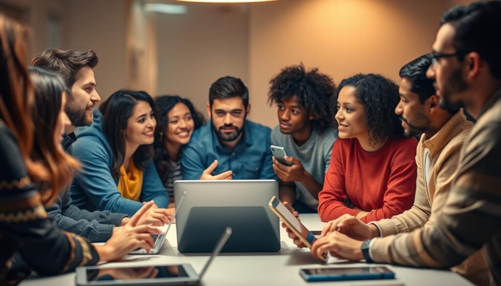 A diverse group of users gathered around a table, engaged in thoughtful discussions about their experiences with cutting-edge AI platforms. The scene is bathed in warm, diffused lighting, creating a cozy, collaborative atmosphere. In the foreground, a user gestures animatedly, sharing insights, while others listen intently, their expressions reflecting a mix of fascination and contemplation. The middle ground showcases a range of digital devices, including laptops and tablets, symbolizing the technological aspect of the user experiences. The background fades into a soft, blurred haze, keeping the focus on the central figures and their interactions. A diverse group of users gathered around a table, engaged in thoughtful discussions about their experiences with cutting-edge AI platforms. The scene is bathed in warm, diffused lighting, creating a cozy, collaborative atmosphere. In the foreground, a user gestures animatedly, sharing insights, while others listen intently, their expressions reflecting a mix of fascination and contemplation. The middle ground showcases a range of digital devices, including laptops and tablets, symbolizing the technological aspect of the user experiences. The background fades into a soft, blurred haze, keeping the focus on the central figures and their interactions.