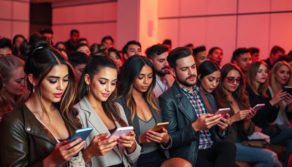 A diverse, vibrant audience of Instagram users, each with unique interests and demographics, gathered in a stylish, modern setting. Warm lighting illuminates their faces, capturing a sense of engagement and anticipation. In the foreground, a group of stylish millennials, dressed in trendy outfits, actively scrolling through their phones, immersed in the Instagram experience. In the middle ground, a mix of professionals, families, and Gen Z individuals, all captivated by the platform's content and features. The background depicts a minimalist, minimalist decor, with clean lines and a neutral color palette, allowing the audience to take center stage. The overall scene conveys the broad appeal and versatility of Instagram, making it a compelling target for the InstaclubHub services.