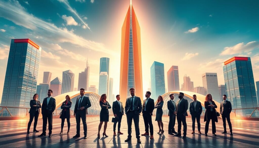 A dynamic and vibrant scene showcasing the tech career path. In the foreground, a diverse group of professionals in business attire stand at the intersection of multiple pathways, each representing different tech specializations - software engineering, data science, cybersecurity, and more. The middle ground features a towering, futuristic cityscape with gleaming skyscrapers, reflecting the rapid growth and innovation of the tech industry. The background is illuminated by a warm, golden glow, conveying a sense of promise and opportunity. Crisp, high-contrast lighting highlights the determination and ambition of the figures, while a wide-angle lens captures the scale and scope of the tech career landscape. An atmosphere of progress, collaboration, and endless possibilities permeates the scene. A dynamic and vibrant scene showcasing the tech career path. In the foreground, a diverse group of professionals in business attire stand at the intersection of multiple pathways, each representing different tech specializations - software engineering, data science, cybersecurity, and more. The middle ground features a towering, futuristic cityscape with gleaming skyscrapers, reflecting the rapid growth and innovation of the tech industry. The background is illuminated by a warm, golden glow, conveying a sense of promise and opportunity. Crisp, high-contrast lighting highlights the determination and ambition of the figures, while a wide-angle lens captures the scale and scope of the tech career landscape. An atmosphere of progress, collaboration, and endless possibilities permeates the scene.
