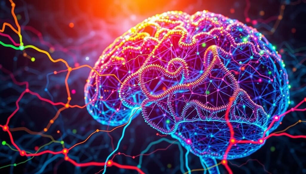 A dynamic, multicolored neural network pulsing with synchronized brainwaves, illuminated by a warm, diffused light from multiple angles. The network's intricate patterns flow and intertwine, creating a captivating visualization of the brain's complex, interconnected neuroplasticity. The scene is captured with a wide-angle lens, highlighting the depth and scale of this breakthrough in neuroscience technology. The overall mood is one of wonder and scientific discovery, inviting the viewer to explore the inner workings of the human mind. A dynamic, multicolored neural network pulsing with synchronized brainwaves, illuminated by a warm, diffused light from multiple angles. The network's intricate patterns flow and intertwine, creating a captivating visualization of the brain's complex, interconnected neuroplasticity. The scene is captured with a wide-angle lens, highlighting the depth and scale of this breakthrough in neuroscience technology. The overall mood is one of wonder and scientific discovery, inviting the viewer to explore the inner workings of the human mind.
