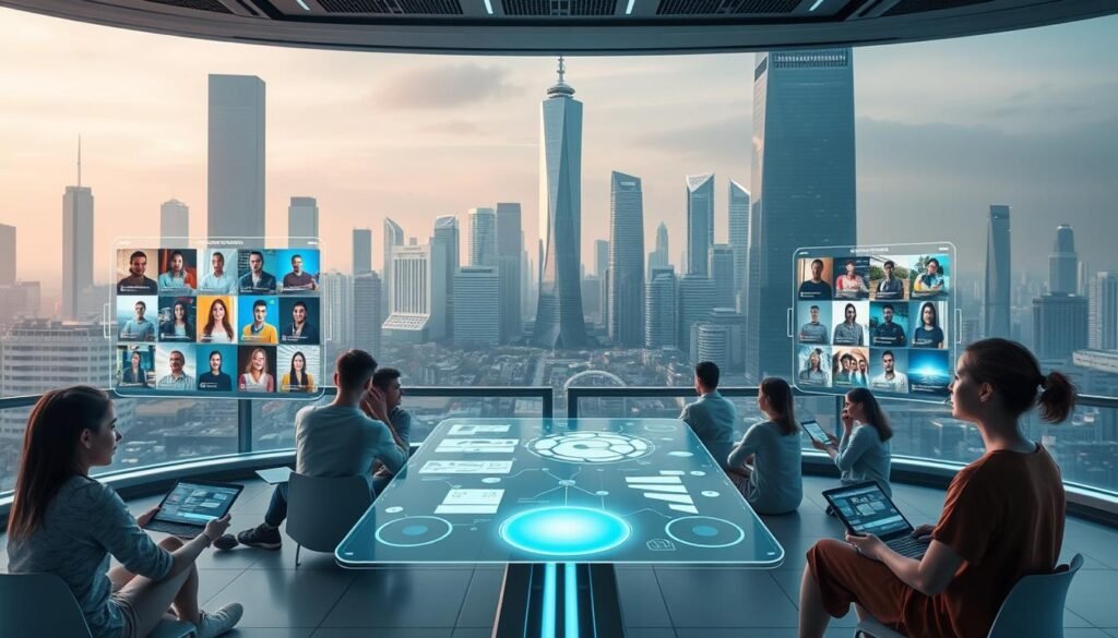 A futuristic online learning platform, showcasing a variety of innovative educational alternatives to Mindvalley. In the foreground, sleek holographic interfaces display diverse course offerings, with vibrant visualizations and interactive elements. The middle ground features students of various ages and backgrounds, immersed in personalized learning experiences, surrounded by a minimalist, high-tech environment. In the background, a cityscape of towering skyscrapers and gleaming infrastructure suggests a highly advanced, technology-driven educational ecosystem. Soft, diffused lighting creates a sense of depth and atmosphere, while a cool color palette evokes a modern, forward-thinking aesthetic. A futuristic online learning platform, showcasing a variety of innovative educational alternatives to Mindvalley. In the foreground, sleek holographic interfaces display diverse course offerings, with vibrant visualizations and interactive elements. The middle ground features students of various ages and backgrounds, immersed in personalized learning experiences, surrounded by a minimalist, high-tech environment. In the background, a cityscape of towering skyscrapers and gleaming infrastructure suggests a highly advanced, technology-driven educational ecosystem. Soft, diffused lighting creates a sense of depth and atmosphere, while a cool color palette evokes a modern, forward-thinking aesthetic.