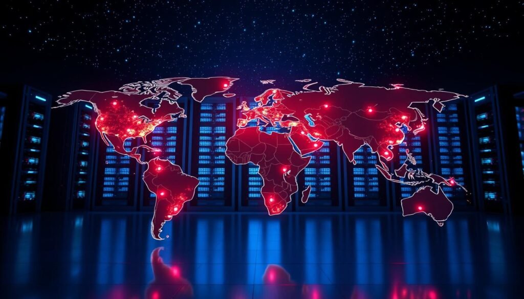 A global network of NordVPN servers displayed in a captivating 3D illustration. In the foreground, a vibrant world map with pulsing server nodes across continents, each representing a secure connection point. The middle ground showcases sleek server racks in a state-of-the-art data center, with cool blue lighting and a sense of technological prowess. The background features a starry night sky, symbolizing the worldwide reach and boundless security of the NordVPN infrastructure. The scene is rendered with a cinematic, high-resolution quality, creating a visually stunning and informative depiction of the NordVPN global server network. A global network of NordVPN servers displayed in a captivating 3D illustration. In the foreground, a vibrant world map with pulsing server nodes across continents, each representing a secure connection point. The middle ground showcases sleek server racks in a state-of-the-art data center, with cool blue lighting and a sense of technological prowess. The background features a starry night sky, symbolizing the worldwide reach and boundless security of the NordVPN infrastructure. The scene is rendered with a cinematic, high-resolution quality, creating a visually stunning and informative depiction of the NordVPN global server network.