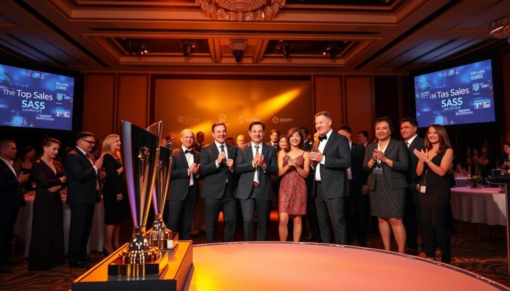 A grand gala showcasing the top SaaS leaders, bathed in warm, golden lighting. In the foreground, an elegant podium adorned with sleek trophies and awards, reflecting the prestige of the occasion. The middle ground features smartly dressed executives accepting their accolades, their faces alight with pride and accomplishment. In the background, a sophisticated, modern event space with clean lines and a touch of glamour, setting the stage for this celebration of industry excellence. The overall mood is one of celebration, achievement, and the recognition of SaaS innovators who have truly risen to the top of their field. A grand gala showcasing the top SaaS leaders, bathed in warm, golden lighting. In the foreground, an elegant podium adorned with sleek trophies and awards, reflecting the prestige of the occasion. The middle ground features smartly dressed executives accepting their accolades, their faces alight with pride and accomplishment. In the background, a sophisticated, modern event space with clean lines and a touch of glamour, setting the stage for this celebration of industry excellence. The overall mood is one of celebration, achievement, and the recognition of SaaS innovators who have truly risen to the top of their field.