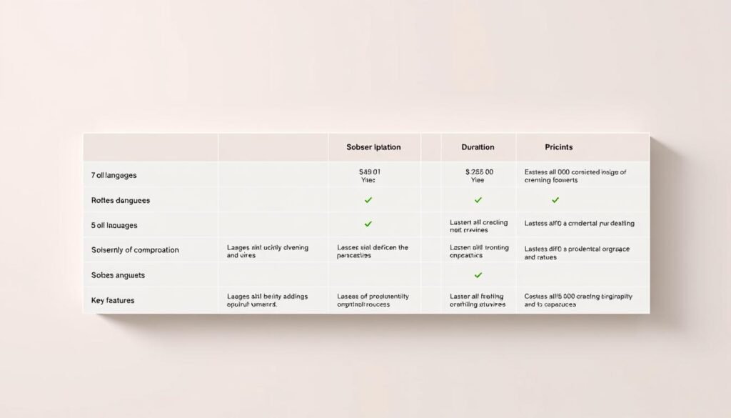 A high-quality, clean, and well-organized comparison table showcasing Babbel's subscription plans, including details on the number of languages, access duration, pricing, and key features. The table is presented on a neutral, minimalist background with subtle grid lines and soft, warm lighting to create a professional and informative visual aid. The layout is balanced and easy to read, with clear delineation between the plan tiers. The overall tone is authoritative yet approachable, suitable for use in an educational article about Babbel's language learning offerings.