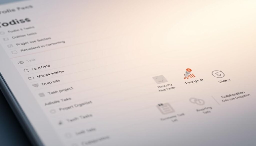 A highly detailed, close-up, hyper-realistic illustration of the key features of the Todoist task management app. The foreground showcases the app's clean, minimalist user interface, with clear sections for tasks, due dates, and project organization. The middle ground features stylized icons and graphics representing the app's core functionalities, such as task prioritization, recurring tasks, and collaboration tools. The background is a soft, neutral gradient that helps the app features stand out. The overall mood is one of efficiency, productivity, and intuitive design. Lighting is soft and diffused, with a slight warm tone, creating a professional, polished aesthetic. A highly detailed, close-up, hyper-realistic illustration of the key features of the Todoist task management app. The foreground showcases the app's clean, minimalist user interface, with clear sections for tasks, due dates, and project organization. The middle ground features stylized icons and graphics representing the app's core functionalities, such as task prioritization, recurring tasks, and collaboration tools. The background is a soft, neutral gradient that helps the app features stand out. The overall mood is one of efficiency, productivity, and intuitive design. Lighting is soft and diffused, with a slight warm tone, creating a professional, polished aesthetic.