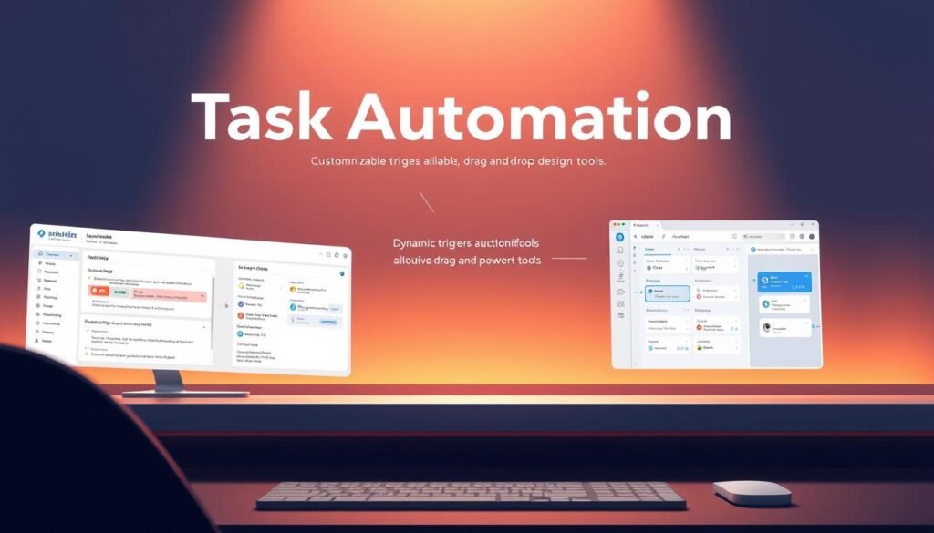 A highly detailed digital illustration showcasing the unique features of task automation on a sleek, modern interface. The foreground displays a series of dynamic automation workflows, with customizable triggers and actions seamlessly integrated. The middle ground highlights the intuitive drag-and-drop design tools, allowing for effortless workflow creation. In the background, a minimalist layout showcases the platform's clean and visually appealing aesthetic, enhanced by subtle lighting effects and a warm, vibrant color palette. The overall scene conveys a sense of efficiency, productivity, and the power of streamlining tedious tasks through innovative task automation solutions.