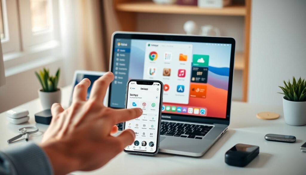 A minimalist workspace with a MacBook and smartphone displaying the SetApp app interface, surrounded by various productivity apps and icons. The scene is bathed in warm, natural lighting, creating a serene and focused atmosphere. In the foreground, a hand gesture interacts with the SetApp dashboard, highlighting its intuitive workflow and integrated app management. The middle ground features neatly organized folders, calendars, and task management tools, complementing the SetApp ecosystem. The background subtly blurs, emphasizing the harmony between the digital and physical realms. A minimalist workspace with a MacBook and smartphone displaying the SetApp app interface, surrounded by various productivity apps and icons. The scene is bathed in warm, natural lighting, creating a serene and focused atmosphere. In the foreground, a hand gesture interacts with the SetApp dashboard, highlighting its intuitive workflow and integrated app management. The middle ground features neatly organized folders, calendars, and task management tools, complementing the SetApp ecosystem. The background subtly blurs, emphasizing the harmony between the digital and physical realms.