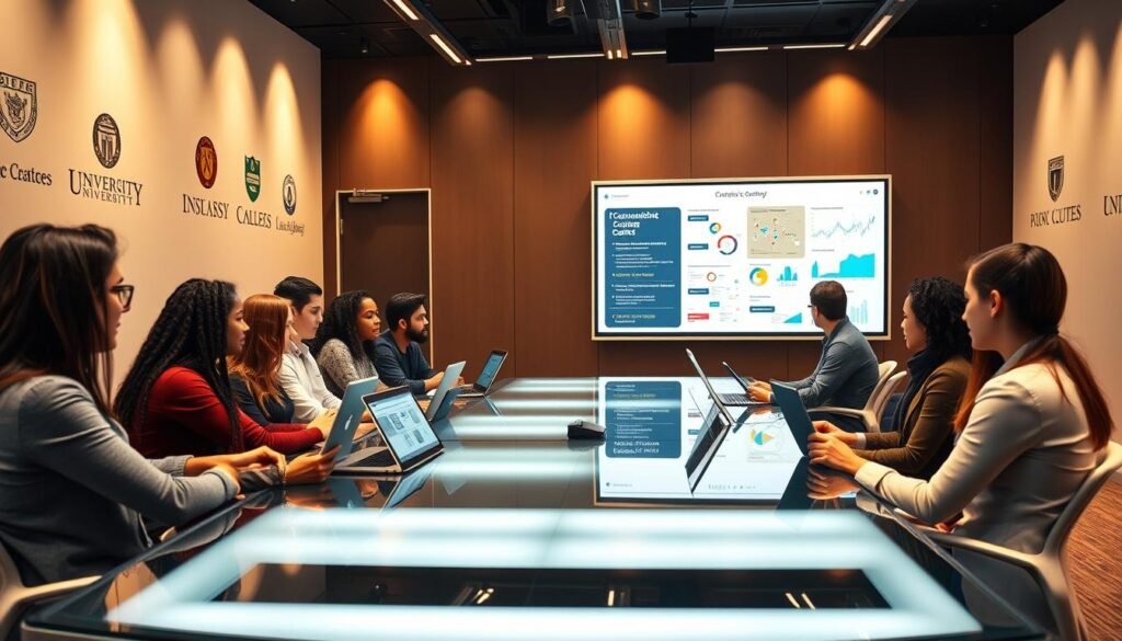 A modern classroom setting with a focus on leadership and technology courses from top institutions. The foreground features a group of diverse students engaged in a lively discussion around a sleek, glass conference table, laptops and tablets in hand. The middle ground showcases a large, interactive whiteboard displaying various graphics and data visualizations. The background highlights the institutional branding, with the logos of renowned universities and colleges visible on the walls. Warm, directional lighting illuminates the scene, creating a sense of professionalism and academic rigor. The overall atmosphere conveys a cutting-edge, innovative educational experience. A modern classroom setting with a focus on leadership and technology courses from top institutions. The foreground features a group of diverse students engaged in a lively discussion around a sleek, glass conference table, laptops and tablets in hand. The middle ground showcases a large, interactive whiteboard displaying various graphics and data visualizations. The background highlights the institutional branding, with the logos of renowned universities and colleges visible on the walls. Warm, directional lighting illuminates the scene, creating a sense of professionalism and academic rigor. The overall atmosphere conveys a cutting-edge, innovative educational experience.