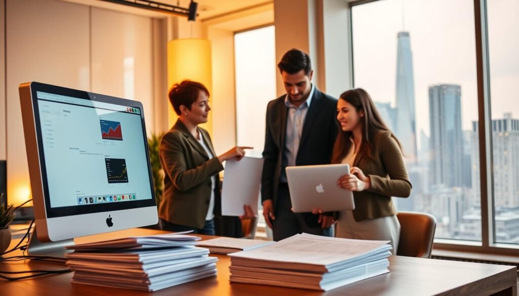 A modern office interior with a small business team collaborating on a laptop. Warm lighting illuminates the scene, creating a cozy and productive atmosphere. In the foreground, a desktop computer and a stack of neatly organized papers represent the manual tasks being automated. The middle ground features a team of three professionals, one pointing at the laptop screen, discussing the benefits of workflow automation. In the background, a large window overlooks a bustling city skyline, symbolizing the growth potential for the small business. The overall composition conveys the idea of streamlining operations and boosting productivity through task automation.