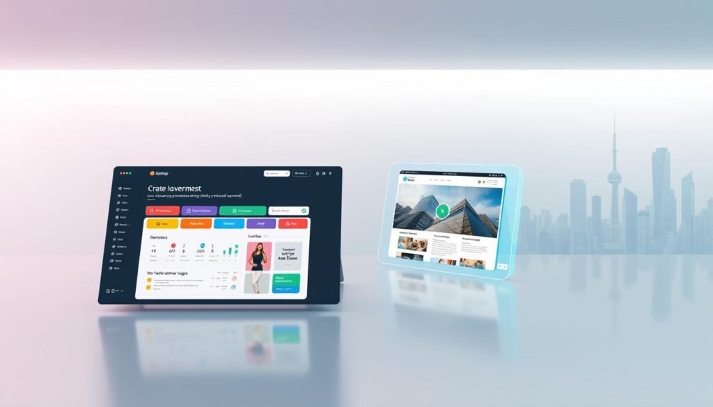 A modern, sleek AI-powered website builder interface, showcasing a seamless process of creating a professional-looking website in seconds. The foreground features a large, intuitive dashboard with clean typography, colorful customization options, and a prominent "Build Website" button. The middle ground depicts a 3D preview of a stunning, responsive website design. The background showcases a minimalist, high-tech environment with subtle hints of holographic elements and a futuristic cityscape. Soft, directional lighting accentuates the smooth surfaces and creates a sense of depth, while the overall mood is one of efficiency, innovation, and effortless web design. A modern, sleek AI-powered website builder interface, showcasing a seamless process of creating a professional-looking website in seconds. The foreground features a large, intuitive dashboard with clean typography, colorful customization options, and a prominent "Build Website" button. The middle ground depicts a 3D preview of a stunning, responsive website design. The background showcases a minimalist, high-tech environment with subtle hints of holographic elements and a futuristic cityscape. Soft, directional lighting accentuates the smooth surfaces and creates a sense of depth, while the overall mood is one of efficiency, innovation, and effortless web design.