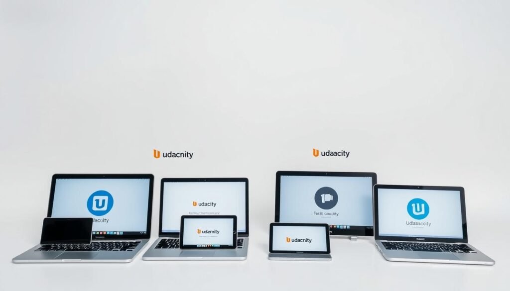 A modern, sleek comparison of leading online learning platforms, displayed on a wide array of digital devices against a clean, minimalist background. The platforms are represented by crisp, high-resolution icons, each showcasing their distinct branding and features. The arrangement suggests an impartial, side-by-side evaluation, inviting the viewer to assess the relative strengths and weaknesses of the options. Soft, diffused lighting accentuates the high-tech aesthetic, creating a sense of sophistication and professionalism. The overall composition conveys a balanced, informative perspective, suitable for an educational article exploring Udacity's positioning within the online learning landscape. A modern, sleek comparison of leading online learning platforms, displayed on a wide array of digital devices against a clean, minimalist background. The platforms are represented by crisp, high-resolution icons, each showcasing their distinct branding and features. The arrangement suggests an impartial, side-by-side evaluation, inviting the viewer to assess the relative strengths and weaknesses of the options. Soft, diffused lighting accentuates the high-tech aesthetic, creating a sense of sophistication and professionalism. The overall composition conveys a balanced, informative perspective, suitable for an educational article exploring Udacity's positioning within the online learning landscape.