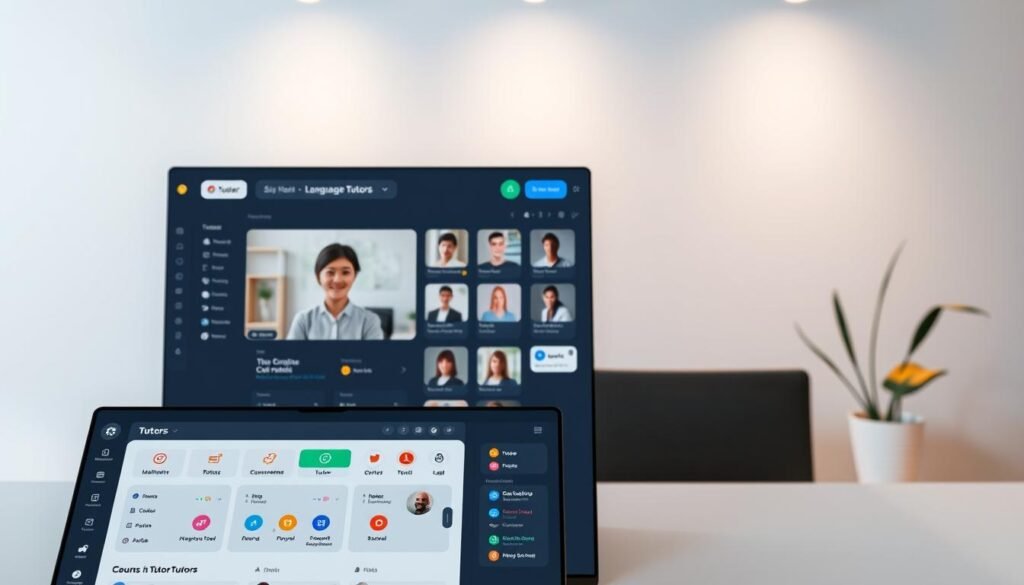 A modern, sleek online language tutor platform interface. In the foreground, a user-friendly dashboard with intuitive controls, colorful icons, and a video call window showcasing a tutor. In the middle ground, a catalog of tutors with profiles, ratings, and availability displayed. The background features a minimalist, gradient-based design with soft lighting and a soothing, professional atmosphere. The overall scene conveys a sense of productivity, accessibility, and personalized learning experience for the users. A modern, sleek online language tutor platform interface. In the foreground, a user-friendly dashboard with intuitive controls, colorful icons, and a video call window showcasing a tutor. In the middle ground, a catalog of tutors with profiles, ratings, and availability displayed. The background features a minimalist, gradient-based design with soft lighting and a soothing, professional atmosphere. The overall scene conveys a sense of productivity, accessibility, and personalized learning experience for the users.