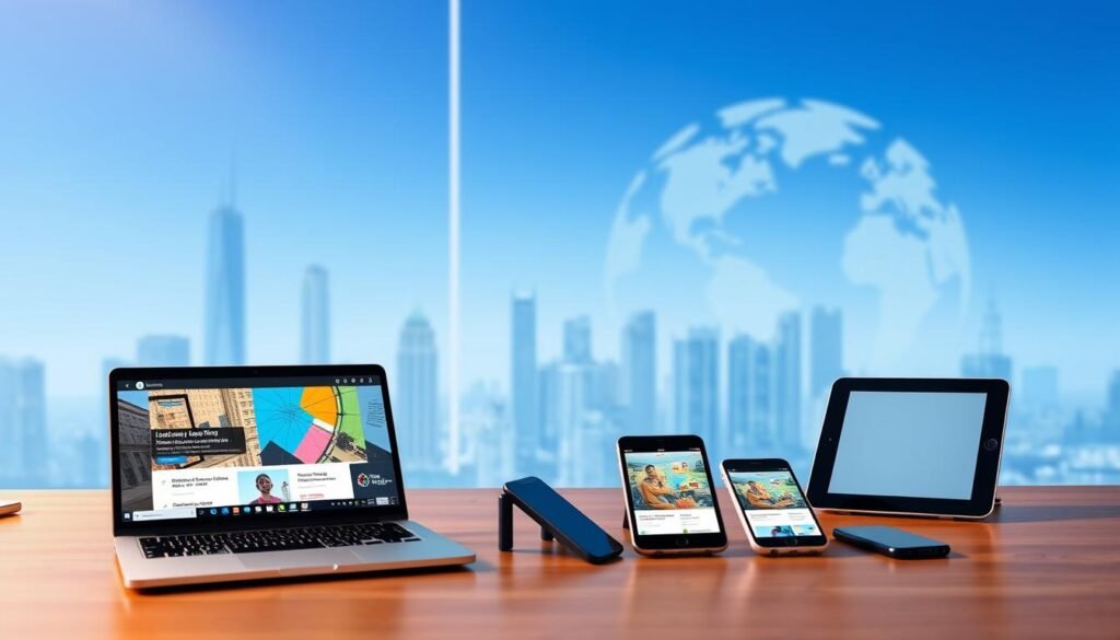 A modern, sleek online learning platform with a clean, minimalist user interface. The foreground features a laptop screen displaying a vibrant, interactive course with engaging visuals and a user-friendly layout. In the middle ground, various devices such as tablets and smartphones are arranged, showcasing the platform's cross-device accessibility. The background depicts a stylized cityscape, hinting at the global reach and scalability of the online learning platform. The scene is illuminated by a warm, natural lighting, creating a welcoming and inviting atmosphere that encourages exploration and learning. A modern, sleek online learning platform with a clean, minimalist user interface. The foreground features a laptop screen displaying a vibrant, interactive course with engaging visuals and a user-friendly layout. In the middle ground, various devices such as tablets and smartphones are arranged, showcasing the platform's cross-device accessibility. The background depicts a stylized cityscape, hinting at the global reach and scalability of the online learning platform. The scene is illuminated by a warm, natural lighting, creating a welcoming and inviting atmosphere that encourages exploration and learning.