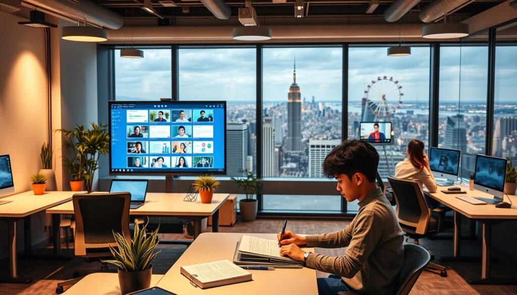A modern, well-lit online education platform with a sleek, intuitive interface. A large monitor displays vibrant course content, surrounded by ergonomic desks, comfortable chairs, and potted plants. The foreground features a student immersed in their studies, digital textbooks and note-taking devices at the ready. In the middle ground, a team of instructors collaborate on lesson plans, their faces visible on video conferencing screens. The background showcases a panoramic view of a dynamic city skyline, symbolizing the global reach and accessibility of the platform. The lighting is warm and focused, creating a productive, inspiring atmosphere conducive to engaged, personalized learning. A modern, well-lit online education platform with a sleek, intuitive interface. A large monitor displays vibrant course content, surrounded by ergonomic desks, comfortable chairs, and potted plants. The foreground features a student immersed in their studies, digital textbooks and note-taking devices at the ready. In the middle ground, a team of instructors collaborate on lesson plans, their faces visible on video conferencing screens. The background showcases a panoramic view of a dynamic city skyline, symbolizing the global reach and accessibility of the platform. The lighting is warm and focused, creating a productive, inspiring atmosphere conducive to engaged, personalized learning.