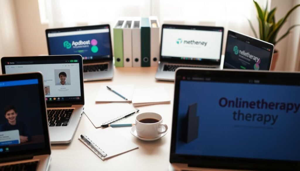 A neatly arranged comparison of various online therapy platforms, displayed on a clean, minimalist workspace. The foreground features several laptop screens, each showcasing the distinct interfaces and branding of different online therapy services. The middle ground includes a selection of folders, notepads, and a cup of coffee, creating a professional, yet inviting atmosphere. The background is softly blurred, emphasizing the platforms as the focal point. Warm, natural lighting casts a comforting glow, and the overall composition conveys a sense of thoughtful evaluation and decision-making. A neatly arranged comparison of various online therapy platforms, displayed on a clean, minimalist workspace. The foreground features several laptop screens, each showcasing the distinct interfaces and branding of different online therapy services. The middle ground includes a selection of folders, notepads, and a cup of coffee, creating a professional, yet inviting atmosphere. The background is softly blurred, emphasizing the platforms as the focal point. Warm, natural lighting casts a comforting glow, and the overall composition conveys a sense of thoughtful evaluation and decision-making.