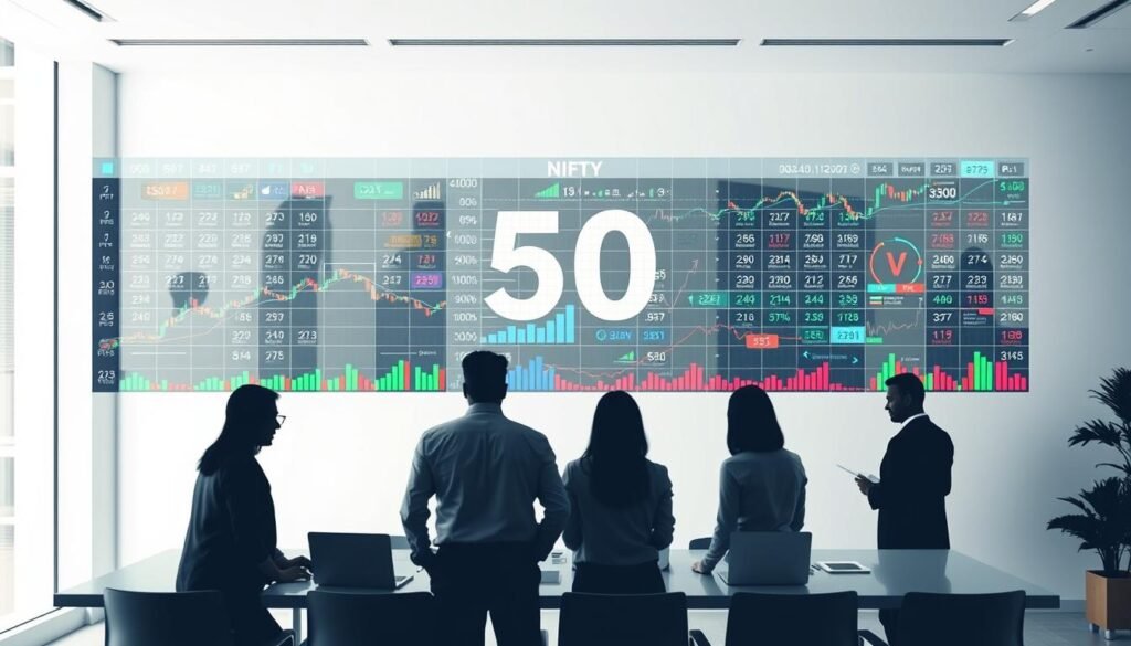 A panoramic view of the Nifty 50 stock index, represented by a grid of colorful financial charts and graphs, hovering above a team of professionals collaborating in a modern, minimalist office setting. Soft, natural lighting illuminates the scene, creating a sense of focus and clarity. The team members are depicted as silhouettes, symbolizing the parallels between the key components of the Nifty 50 and the essential roles within an efficient, well-structured team. The overall composition conveys the interconnectedness of financial performance and organizational dynamics, inviting the viewer to explore the lessons that can be drawn from the Nifty 50 model for effective team collaboration. A panoramic view of the Nifty 50 stock index, represented by a grid of colorful financial charts and graphs, hovering above a team of professionals collaborating in a modern, minimalist office setting. Soft, natural lighting illuminates the scene, creating a sense of focus and clarity. The team members are depicted as silhouettes, symbolizing the parallels between the key components of the Nifty 50 and the essential roles within an efficient, well-structured team. The overall composition conveys the interconnectedness of financial performance and organizational dynamics, inviting the viewer to explore the lessons that can be drawn from the Nifty 50 model for effective team collaboration.