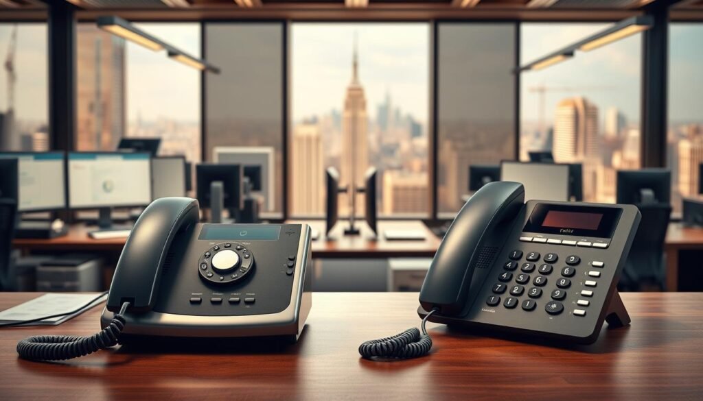 A photorealistic image of a side-by-side comparison between a traditional analog telephone system and a modern cloud-based telephony solution. In the foreground, the analog phone sits on a wooden desk, its wired handset and rotary dial evoking an old-fashioned aesthetic. Beside it, a sleek, minimalist VoIP desk phone symbolizes the cloud-based alternative. The background depicts a bustling office environment, with computer monitors, office supplies, and a panoramic window overlooking a vibrant cityscape, emphasizing the technological advancements of cloud telephony. The lighting is warm and natural, creating a professional and polished atmosphere. The composition is balanced, drawing the viewer's attention to the contrasting phone systems and the advantages of the cloud-based solution.