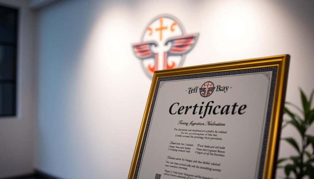 A professional, high-quality certificate displayed prominently in the foreground, with a glowing, gold-embossed border and a sense of prestige and achievement. In the middle ground, a well-recognized corporate logo or brand name, conveying the value and recognition of the certification. In the background, a clean, minimalist setting with subtle lighting, creating a sense of focus and importance on the certificate. The overall mood is one of accomplishment, validation, and the successful completion of a challenging educational or professional journey. A professional, high-quality certificate displayed prominently in the foreground, with a glowing, gold-embossed border and a sense of prestige and achievement. In the middle ground, a well-recognized corporate logo or brand name, conveying the value and recognition of the certification. In the background, a clean, minimalist setting with subtle lighting, creating a sense of focus and importance on the certificate. The overall mood is one of accomplishment, validation, and the successful completion of a challenging educational or professional journey.
