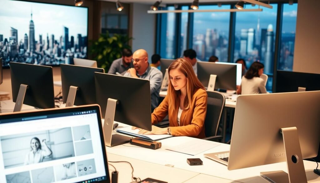 A professional web design studio, featuring sleek and modern workstations, with designers intently focused on their craft. The foreground showcases a minimalist, yet elegant website interface, showcasing Webydo's intuitive design tools. The middle ground highlights a team of diverse web professionals, collaborating seamlessly on complex projects. The background depicts a vibrant city skyline, hinting at Webydo's global reach and appeal to tech-savvy clientele. Warm lighting casts a productive glow, while a sense of purpose and passion pervades the scene. The overall atmosphere conveys Webydo's comprehensive web design solutions tailored for discerning professionals.