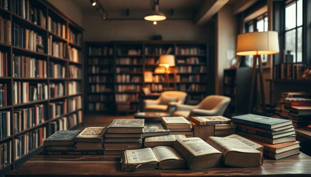 A serene and well-lit bookshop interior, showcasing the features and deals of AbeBooks. In the foreground, a wooden display table holds a collection of rare and used books, their vintage covers and weathered spines inviting closer inspection. The middle ground features stylish bookshelves lining the walls, with a subtle spotlight illuminating the diverse inventory. The background depicts a cozy reading nook, complete with a plush armchair and a floor lamp, creating an atmosphere of quiet contemplation. The overall lighting is warm and diffused, conveying a sense of comfort and discovery. The composition emphasizes the charm and allure of AbeBooks' offerings, enticing the viewer to explore its unique collection.