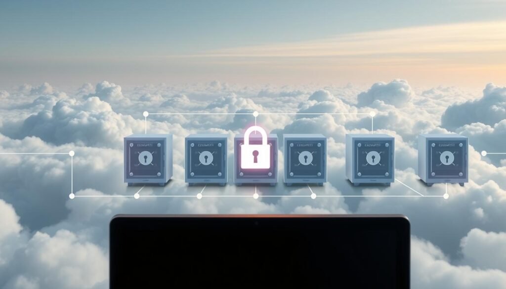 A serene digital landscape where secure protocols and encrypted data flows harmoniously. In the foreground, a desktop computer with a secure padlock icon, symbolic of robust online privacy safeguards. The middle ground showcases a series of virtual data vaults, their contents protected by multi-layered authentication. In the background, a serene backdrop of cloud-like formations, conveying the sense of a secure, ethereal digital realm. The lighting is soft and diffused, creating a calming, trustworthy atmosphere. The camera angle is slightly elevated, providing a bird's-eye view of this secure online learning environment. A serene digital landscape where secure protocols and encrypted data flows harmoniously. In the foreground, a desktop computer with a secure padlock icon, symbolic of robust online privacy safeguards. The middle ground showcases a series of virtual data vaults, their contents protected by multi-layered authentication. In the background, a serene backdrop of cloud-like formations, conveying the sense of a secure, ethereal digital realm. The lighting is soft and diffused, creating a calming, trustworthy atmosphere. The camera angle is slightly elevated, providing a bird's-eye view of this secure online learning environment.