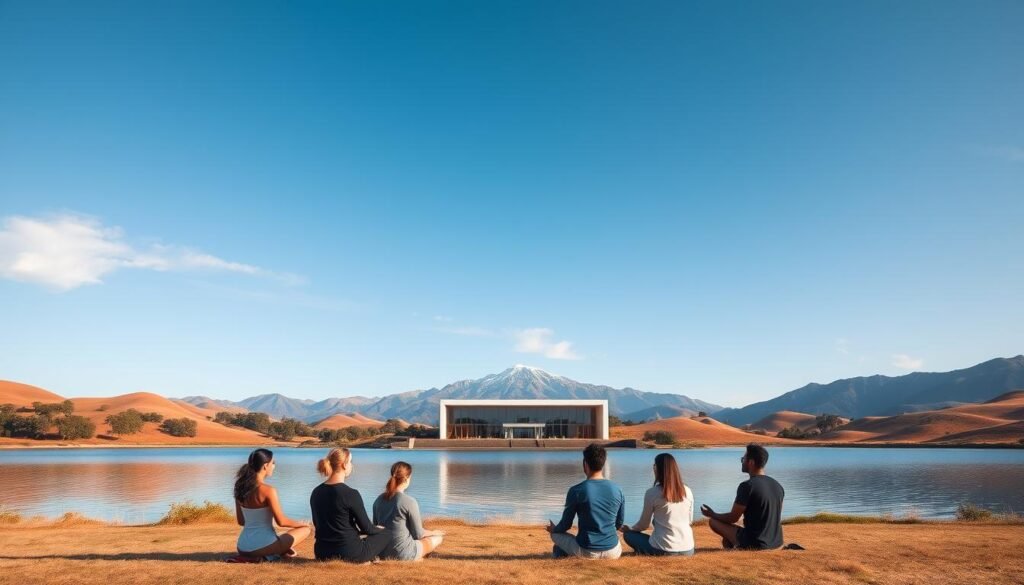 A serene, natural landscape with rolling hills and a clear, tranquil lake reflecting the sky. In the foreground, a group of people sit in a peaceful meditation circle, their faces expressing deep contemplation and inner growth. The middle ground features a modern, minimalist building with clean lines and large windows, representing the Mindvalley learning environment. In the background, a majestic mountain range stands tall, symbolizing the transformative potential of Mindvalley's personal growth courses. The scene is bathed in soft, warm lighting, creating a sense of harmony and inspiration. The overall atmosphere conveys a journey of self-discovery and inner awakening. A serene, natural landscape with rolling hills and a clear, tranquil lake reflecting the sky. In the foreground, a group of people sit in a peaceful meditation circle, their faces expressing deep contemplation and inner growth. The middle ground features a modern, minimalist building with clean lines and large windows, representing the Mindvalley learning environment. In the background, a majestic mountain range stands tall, symbolizing the transformative potential of Mindvalley's personal growth courses. The scene is bathed in soft, warm lighting, creating a sense of harmony and inspiration. The overall atmosphere conveys a journey of self-discovery and inner awakening.