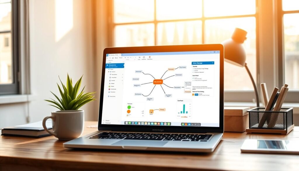 A serene office scene with a stylized MindManager application interface displayed on a laptop screen, surrounded by productivity-enhancing elements. The laptop is positioned on a wooden desk, accompanied by a cup of coffee, a potted plant, and a minimalist desk organizer. Warm, natural lighting filters through large windows, creating a cozy and focused atmosphere. The scene conveys the idea of harnessing the power of MindManager to streamline workflow, organize thoughts, and boost productivity.