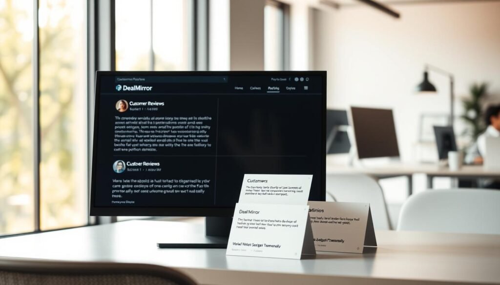 A serene office setting, bathed in soft, natural lighting from large windows. In the foreground, a desktop computer displays a website showcasing glowing customer reviews for "DealMirror", each review detailed with thoughtful commentary. In the middle ground, a tastefully curated array of customer testimonial cards are neatly arranged, conveying a sense of professionalism and care. The background depicts a modern, minimalist workspace, subtle hints of productivity and success. The overall mood is one of trust, reliability, and a commitment to customer satisfaction.