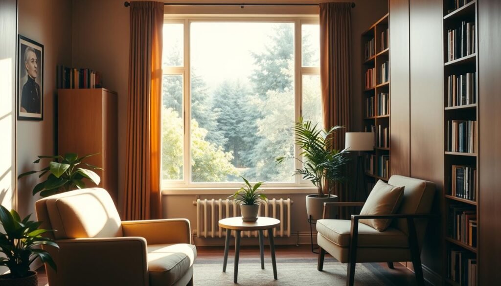A serene, well-lit counseling room with warm, earthy tones. In the foreground, a comfortable armchair and a small side table with a potted plant. In the middle ground, a large window overlooking a tranquil garden, allowing natural light to flood the space. The background features bookshelves lining the walls, creating a sense of knowledge and support. The overall atmosphere is one of calm, introspection, and the promise of healing, reflecting the mental health services offered by online-therapy.com. A serene, well-lit counseling room with warm, earthy tones. In the foreground, a comfortable armchair and a small side table with a potted plant. In the middle ground, a large window overlooking a tranquil garden, allowing natural light to flood the space. The background features bookshelves lining the walls, creating a sense of knowledge and support. The overall atmosphere is one of calm, introspection, and the promise of healing, reflecting the mental health services offered by online-therapy.com.