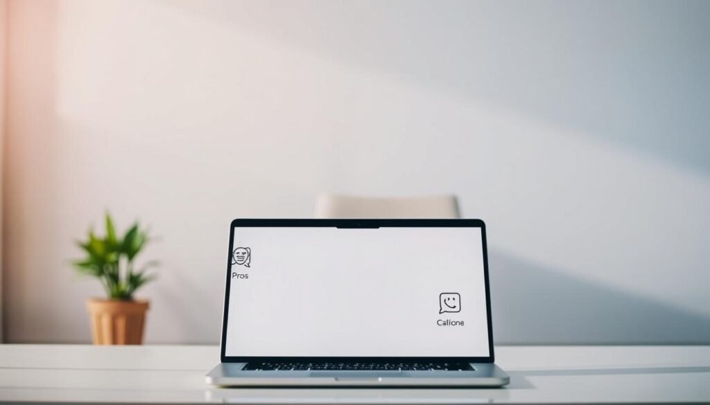 A serene, well-lit online therapy platform with a clean, minimalist design. The foreground features a laptop displaying an intuitive interface, surrounded by thoughtful icons representing the pros and cons of online therapy. The middle ground showcases a comfortable armchair and a calming plant, hinting at the tranquil atmosphere. The background is a softly blurred, soothing gradient, creating a sense of focus and clarity. The overall composition conveys the balance of the platform's advantages and considerations, inviting the viewer to explore the possibilities of remote mental health support. A serene, well-lit online therapy platform with a clean, minimalist design. The foreground features a laptop displaying an intuitive interface, surrounded by thoughtful icons representing the pros and cons of online therapy. The middle ground showcases a comfortable armchair and a calming plant, hinting at the tranquil atmosphere. The background is a softly blurred, soothing gradient, creating a sense of focus and clarity. The overall composition conveys the balance of the platform's advantages and considerations, inviting the viewer to explore the possibilities of remote mental health support.