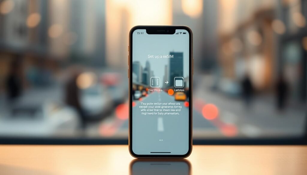 A serene, well-lit step-by-step guide to setting up a Saily eSIM. A clean, minimalist smartphone display takes center stage, its screen showing each stage of the setup process in crisp, high-resolution detail. The background features a blurred, out-of-focus cityscape, conveying a sense of mobility and international travel. Soft, warm lighting bathes the scene, creating a friendly, welcoming atmosphere. The composition is balanced and symmetrical, drawing the viewer's eye directly to the smartphone UI. Technical precision and user-friendliness are the key themes, reflecting the ease of using a Saily eSIM for global connectivity.