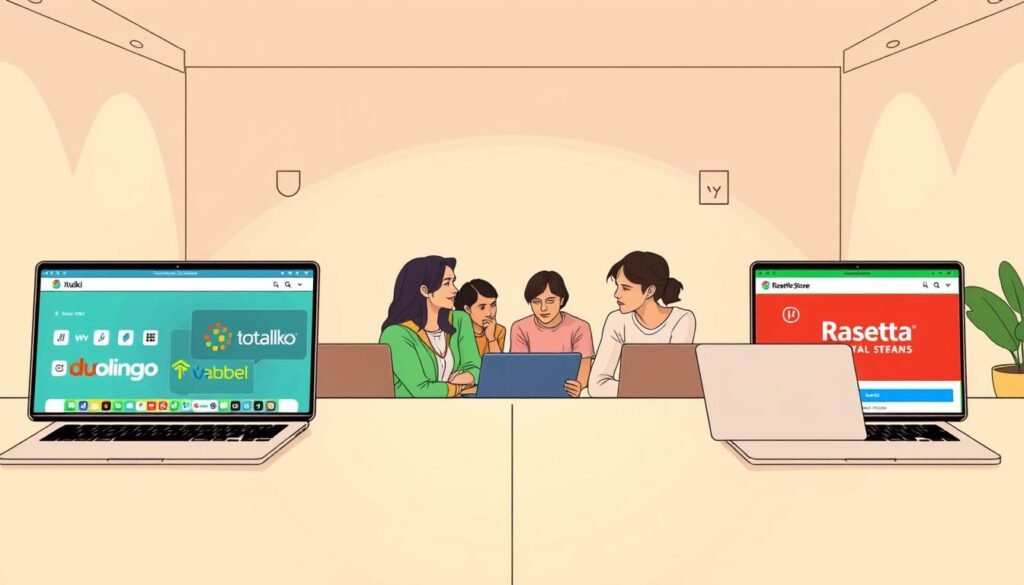 A side-by-side comparison of popular online language learning platforms, captured in a realistic, clean-lined illustration. In the foreground, the distinct interfaces and logos of leading platforms like italki, Duolingo, Babbel, and Rosetta Stone are prominently displayed, each with its own color scheme and branding elements. In the middle ground, a group of students from diverse backgrounds engaged in lessons, highlighting the interactive and personalized nature of these services. The background depicts a minimalist workspace or study environment, with subtle geometric shapes and patterns that add depth and visual interest. The overall scene is illuminated by warm, diffused lighting that creates a professional, educational atmosphere. The image conveys the idea of evaluating language learning options in a clear, informative manner. A side-by-side comparison of popular online language learning platforms, captured in a realistic, clean-lined illustration. In the foreground, the distinct interfaces and logos of leading platforms like italki, Duolingo, Babbel, and Rosetta Stone are prominently displayed, each with its own color scheme and branding elements. In the middle ground, a group of students from diverse backgrounds engaged in lessons, highlighting the interactive and personalized nature of these services. The background depicts a minimalist workspace or study environment, with subtle geometric shapes and patterns that add depth and visual interest. The overall scene is illuminated by warm, diffused lighting that creates a professional, educational atmosphere. The image conveys the idea of evaluating language learning options in a clear, informative manner.
