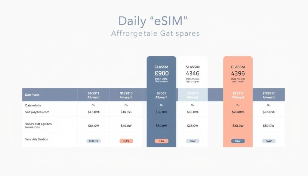 A sleek and modern comparison chart, showcasing various eSIM plans and their respective pricing. The chart is set against a clean, minimalist background, with a subtle gradient that adds depth and visual interest. The plan details are presented in a clear, organized manner, with distinct columns highlighting the key features such as data allowance, validity, and cost. The overall design is minimalist and elegant, drawing the viewer's attention to the pricing information in a visually appealing way, reflecting the "Saily eSIM - Affordable Global Data Plans" theme.