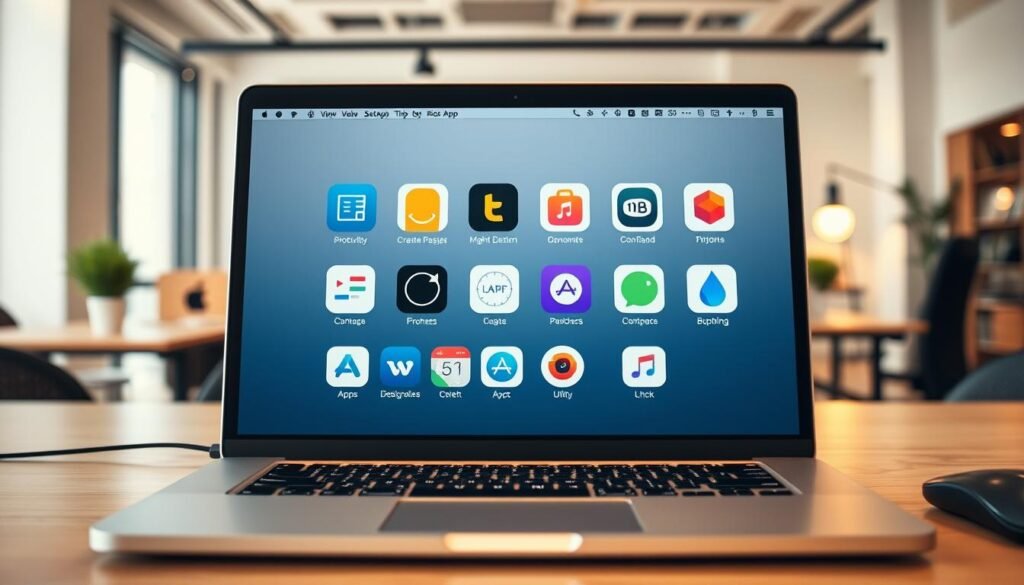 A sleek and modern desktop setup featuring a MacBook Pro display showcasing the SetApp subscription service's diverse suite of iOS apps. The foreground highlights several app icons - a productivity tool, a creative design app, and a utility software - arranged neatly on the screen. The middle ground shows the MacBook Pro's aluminum chassis, with a minimalist keyboard and trackpad. The background features a clean, well-lit office environment with subtle hints of greenery, conveying a sense of productivity and focus. The overall scene is captured with a shallow depth of field, using a warm, natural lighting setup that emphasizes the premium, high-quality aesthetic of the SetApp ecosystem. A sleek and modern desktop setup featuring a MacBook Pro display showcasing the SetApp subscription service's diverse suite of iOS apps. The foreground highlights several app icons - a productivity tool, a creative design app, and a utility software - arranged neatly on the screen. The middle ground shows the MacBook Pro's aluminum chassis, with a minimalist keyboard and trackpad. The background features a clean, well-lit office environment with subtle hints of greenery, conveying a sense of productivity and focus. The overall scene is captured with a shallow depth of field, using a warm, natural lighting setup that emphasizes the premium, high-quality aesthetic of the SetApp ecosystem.