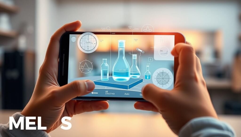 A sleek and modern mobile app interface showcasing the MEL Science augmented reality experience. In the foreground, a child's hands hold a smartphone, the screen displaying a holographic 3D model of a scientific experiment that appears to float above the device. Detailed scientific diagrams and interactive elements are overlaid, inviting the user to explore and engage with the content. The middle ground features the app's clean, minimalist design with bold typography and intuitive navigation. Soft, warm lighting illuminates the scene, creating a sense of wonder and discovery. In the background, a blurred laboratory setting hints at the real-world educational focus of the MEL Science platform.