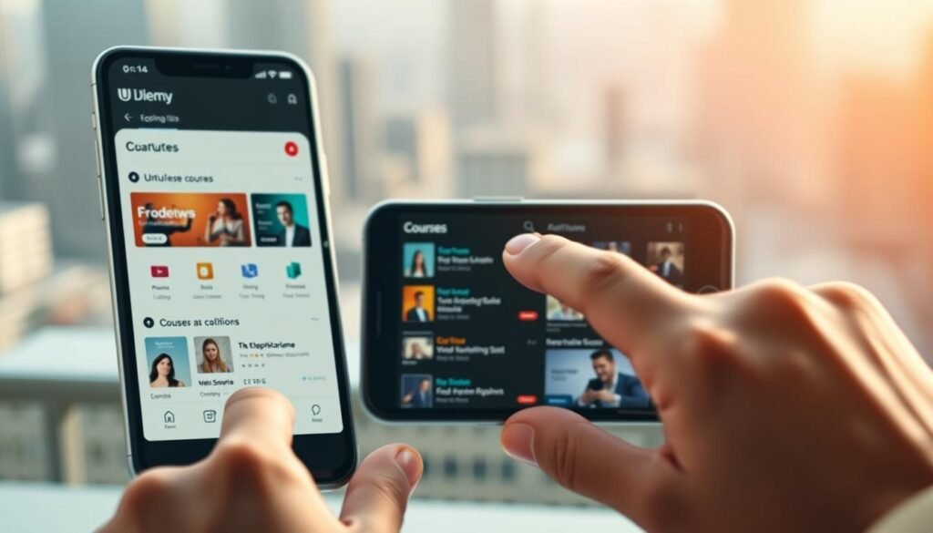 A sleek and modern mobile app interface showcasing the key features of Udemy's online learning platform. In the foreground, a student's hand interacts with the intuitive touch-based controls, navigating through a curated list of courses. The middle ground features the app's clean and minimalist UI design, with crisp icons, clear typography, and vibrant accents. In the background, a blurred cityscape suggests the app's global reach and accessibility. Soft, directional lighting creates a sense of depth and sophistication, while a subtle, warm color palette evokes a productive and engaging educational experience. A sleek and modern mobile app interface showcasing the key features of Udemy's online learning platform. In the foreground, a student's hand interacts with the intuitive touch-based controls, navigating through a curated list of courses. The middle ground features the app's clean and minimalist UI design, with crisp icons, clear typography, and vibrant accents. In the background, a blurred cityscape suggests the app's global reach and accessibility. Soft, directional lighting creates a sense of depth and sophistication, while a subtle, warm color palette evokes a productive and engaging educational experience.