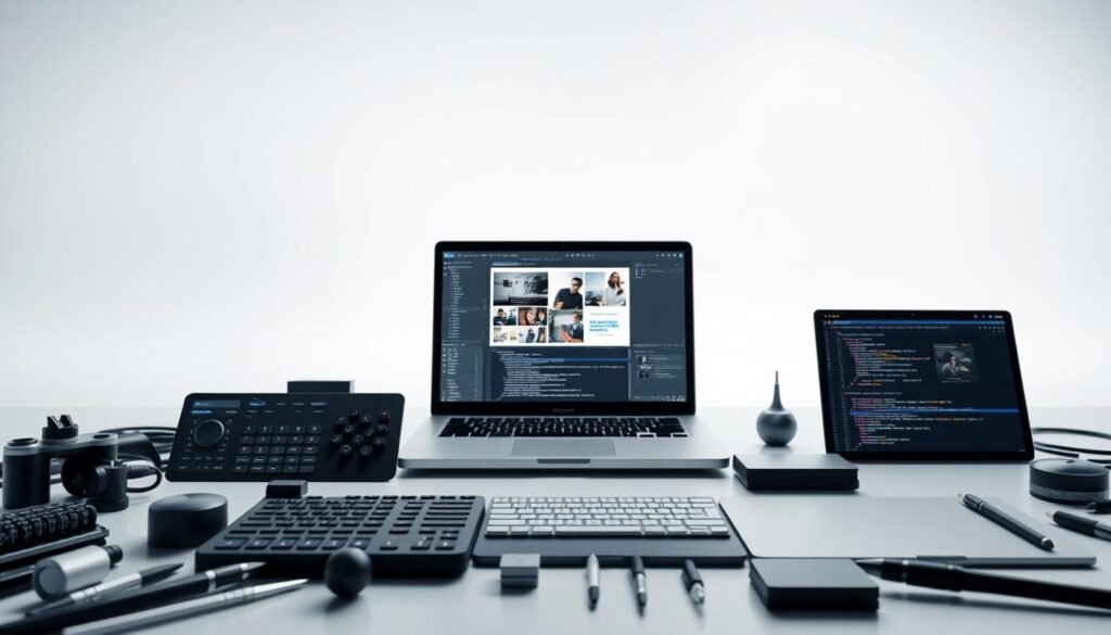 A sleek and modern web design toolkit, showcased against a clean, minimalist backdrop. In the foreground, an array of icons and UI elements - brushes, palettes, code snippets - represent the comprehensive suite of design tools. The middle ground features a minimalist laptop display, displaying a dynamic web layout in progress. In the background, a subtle grid pattern evokes the digital canvas of web development. Soft, directional lighting illuminates the scene, casting gentle shadows and highlights to accentuate the professional, high-tech atmosphere. The overall composition conveys the seamless integration and intuitive functionality of a complete web design solution.