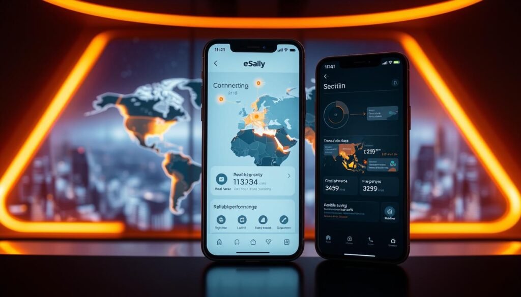A sleek, high-performance review of Saily eSIM's global data plans. In the foreground, a smartphone displays a streamlined interface showcasing real-time connectivity metrics, seamless transitions between networks, and reliable performance. The middle ground features a world map with highlighted regions, conveying the expansive global coverage. The background subtly depicts a futuristic cityscape, reflecting the cutting-edge technology powering the eSIM solution. Warm, directional lighting illuminates the scene, creating a sense of professionalism and efficiency. The overall mood is one of confidence, innovation, and customer-centric focus, capturing the essence of Saily eSIM's performance review.