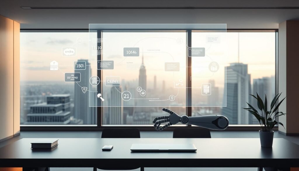 A sleek, minimalist workspace illuminated by soft, directional lighting, with a holographic display showcasing a dynamic workflow automation process. Floating UI elements represent various stages of the workflow, connected by smooth, pulsing data streams. In the foreground, a stylized robotic arm manipulates virtual objects, while the background features a cityscape seen through large windows, conveying a sense of scale and technological advancement. The overall mood is one of efficiency, innovation, and seamless integration between human and machine. A sleek, minimalist workspace illuminated by soft, directional lighting, with a holographic display showcasing a dynamic workflow automation process. Floating UI elements represent various stages of the workflow, connected by smooth, pulsing data streams. In the foreground, a stylized robotic arm manipulates virtual objects, while the background features a cityscape seen through large windows, conveying a sense of scale and technological advancement. The overall mood is one of efficiency, innovation, and seamless integration between human and machine.