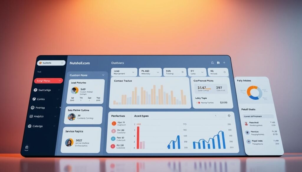 A sleek, modern dashboard showcasing the key features of Nutshell.com's powerful CRM platform. A clean, minimalist interface with intuitive data visualizations and easy-to-navigate menus. In the foreground, a series of interactive tiles highlighting core functionalities like lead management, contact tracking, and sales pipeline optimization. The middle ground features a larger overview panel displaying performance metrics and customizable analytics. The background is a subtle gradient, allowing the dashboard to take center stage. Warm, directional lighting casts a professional, productive atmosphere, while a slightly low camera angle emphasizes the dashboard's comprehensive capabilities. The overall impression is one of an efficient, user-friendly CRM solution designed to empower businesses. A sleek, modern dashboard showcasing the key features of Nutshell.com's powerful CRM platform. A clean, minimalist interface with intuitive data visualizations and easy-to-navigate menus. In the foreground, a series of interactive tiles highlighting core functionalities like lead management, contact tracking, and sales pipeline optimization. The middle ground features a larger overview panel displaying performance metrics and customizable analytics. The background is a subtle gradient, allowing the dashboard to take center stage. Warm, directional lighting casts a professional, productive atmosphere, while a slightly low camera angle emphasizes the dashboard's comprehensive capabilities. The overall impression is one of an efficient, user-friendly CRM solution designed to empower businesses.